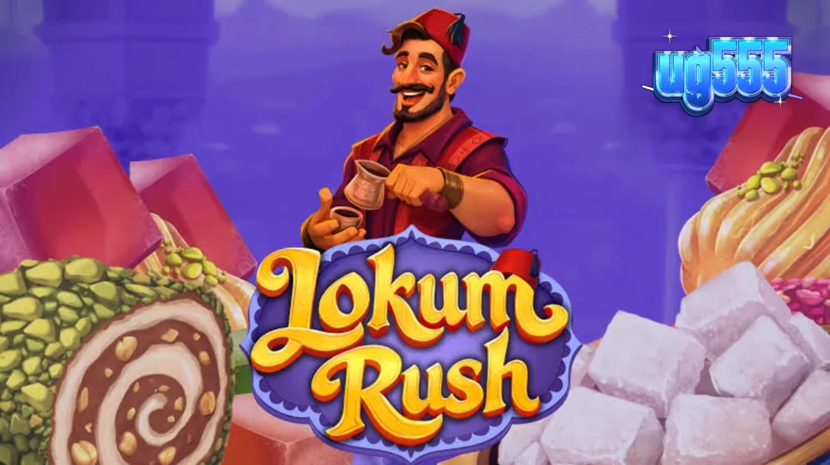 Tampilan visual slot Lokum Rush dengan tema manisan Turki dan warna pastel yang cerah